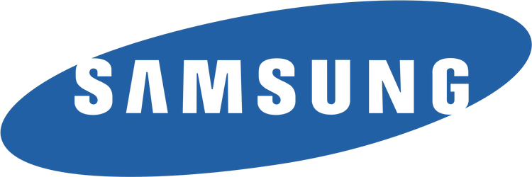 Samsung logo with blue oval background and black text.