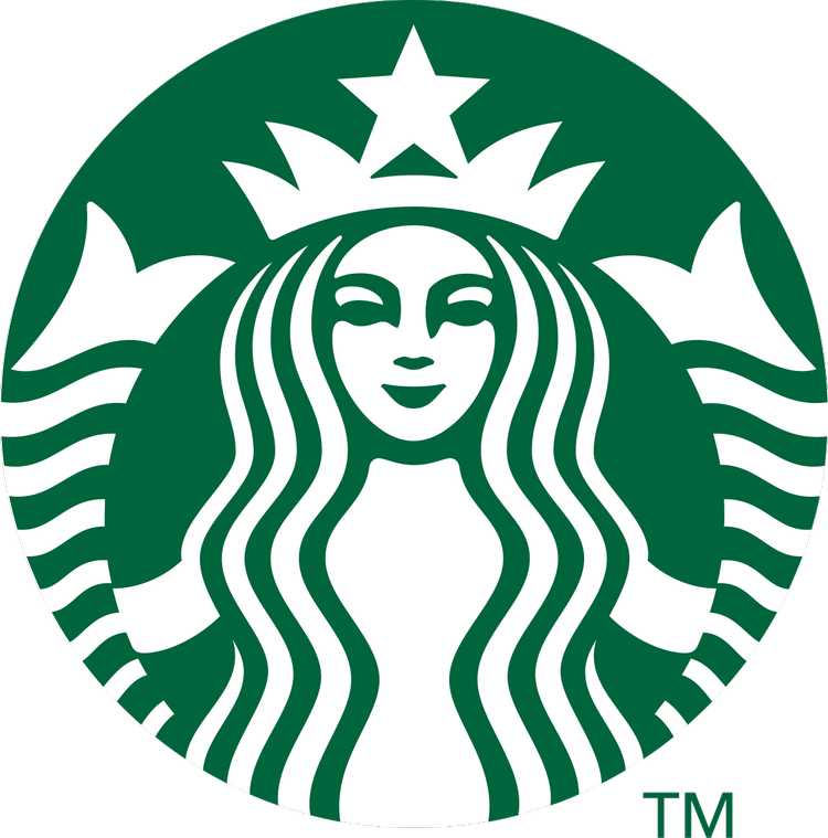 Green and white Starbucks logo featuring a mermaid with curly hair, a crown with a star on top, and a circular shape.