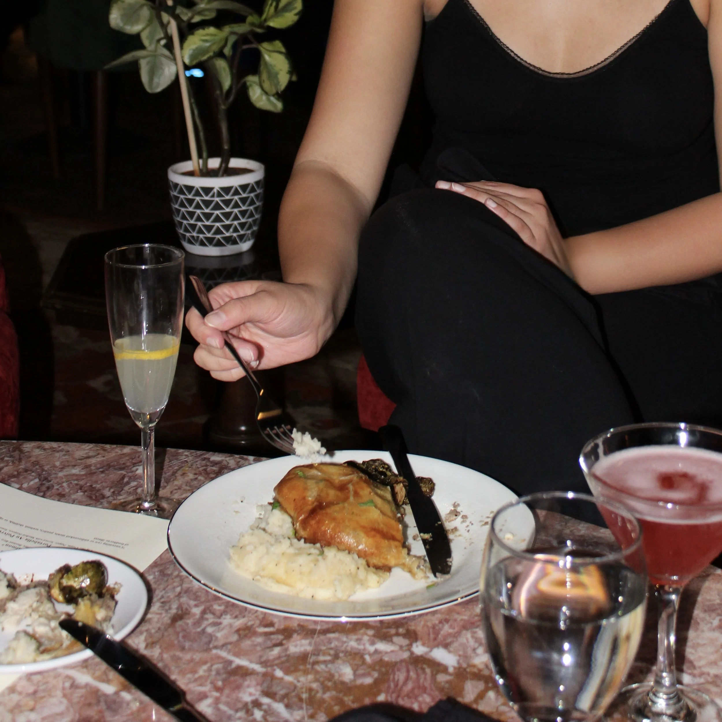 A person sitting at a table with various plates of food, including sushi and what appears to be a baked dish, along with glasses of drinks, including champagne and a lemon drink. There is a potted plant with green and white leaves in the background.
