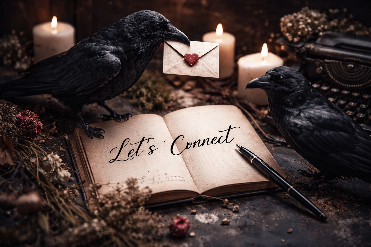 Two black crows on an open book that says 'Let's Connect' with candles, dried flowers, a vintage typewriter, and a handwritten letter with a red heart seal in the background.