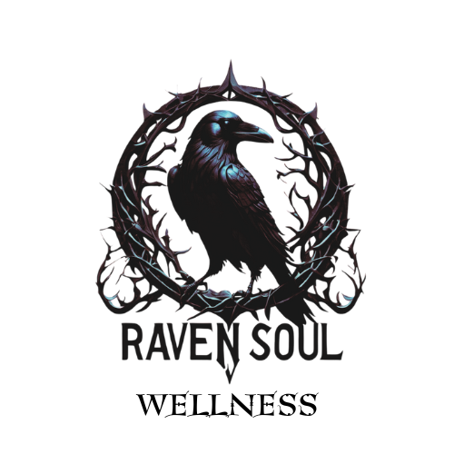 A black raven inside a jagged, thorny circular frame with bare tree branches, with the words 'RAVEN SOUL' and 'WELLNESS' below.