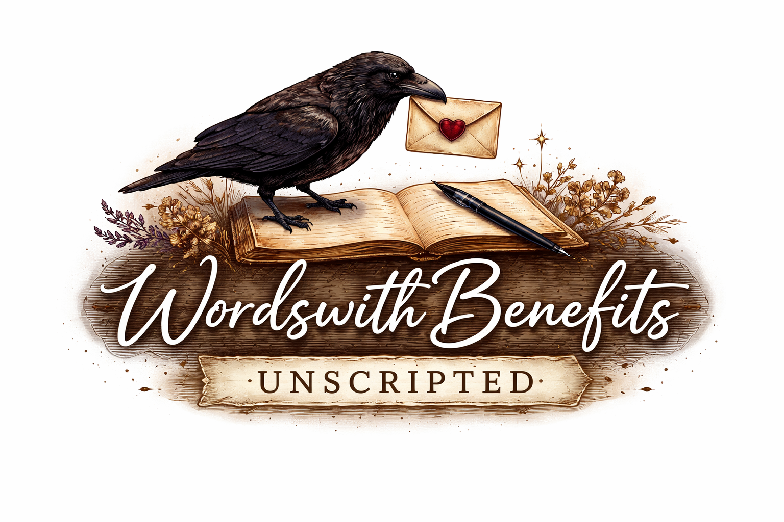 A blackbird holding an envelope with a heart stamp in its beak, standing on an open book, with a pen beside it, surrounded by dried flowers and stars, with the text 'Words with Benefits Unscripted' below.