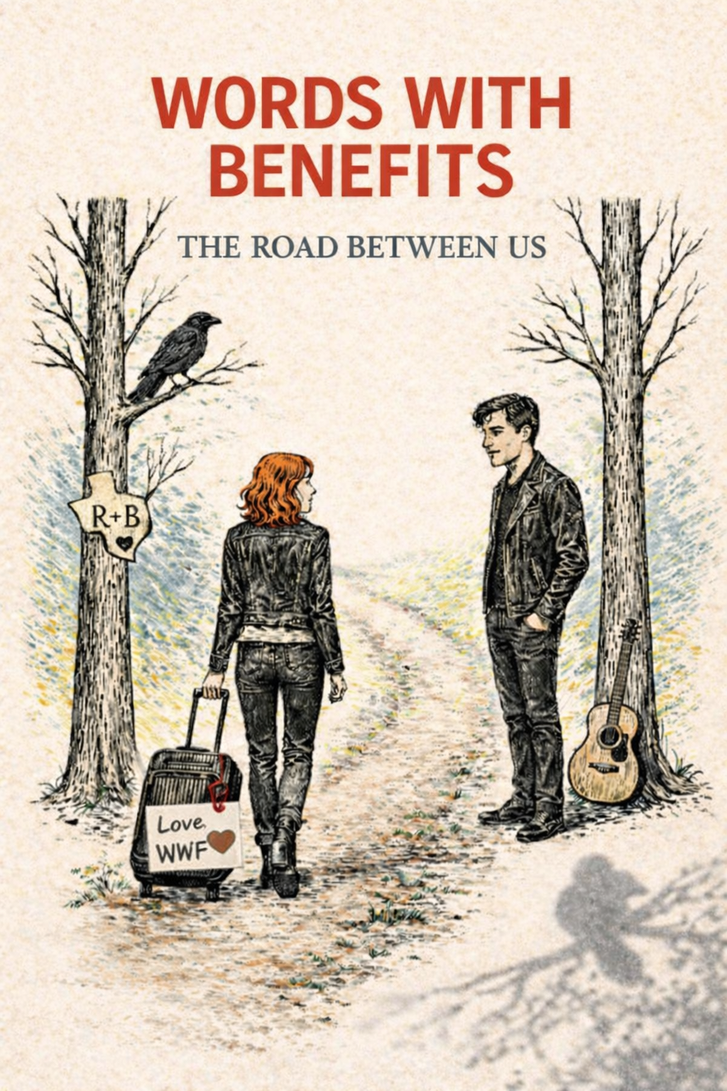 Illustration of a young woman with red hair and a young man with dark hair standing on a dirt path between two leafless trees. The woman has a suitcase with a sign that reads 'Love WWF' and the man has a guitar leaning against the tree. The trees have signs with initials 'R+B' and a heart. The scene suggests a romantic or emotional connection, with a message about words and benefits.