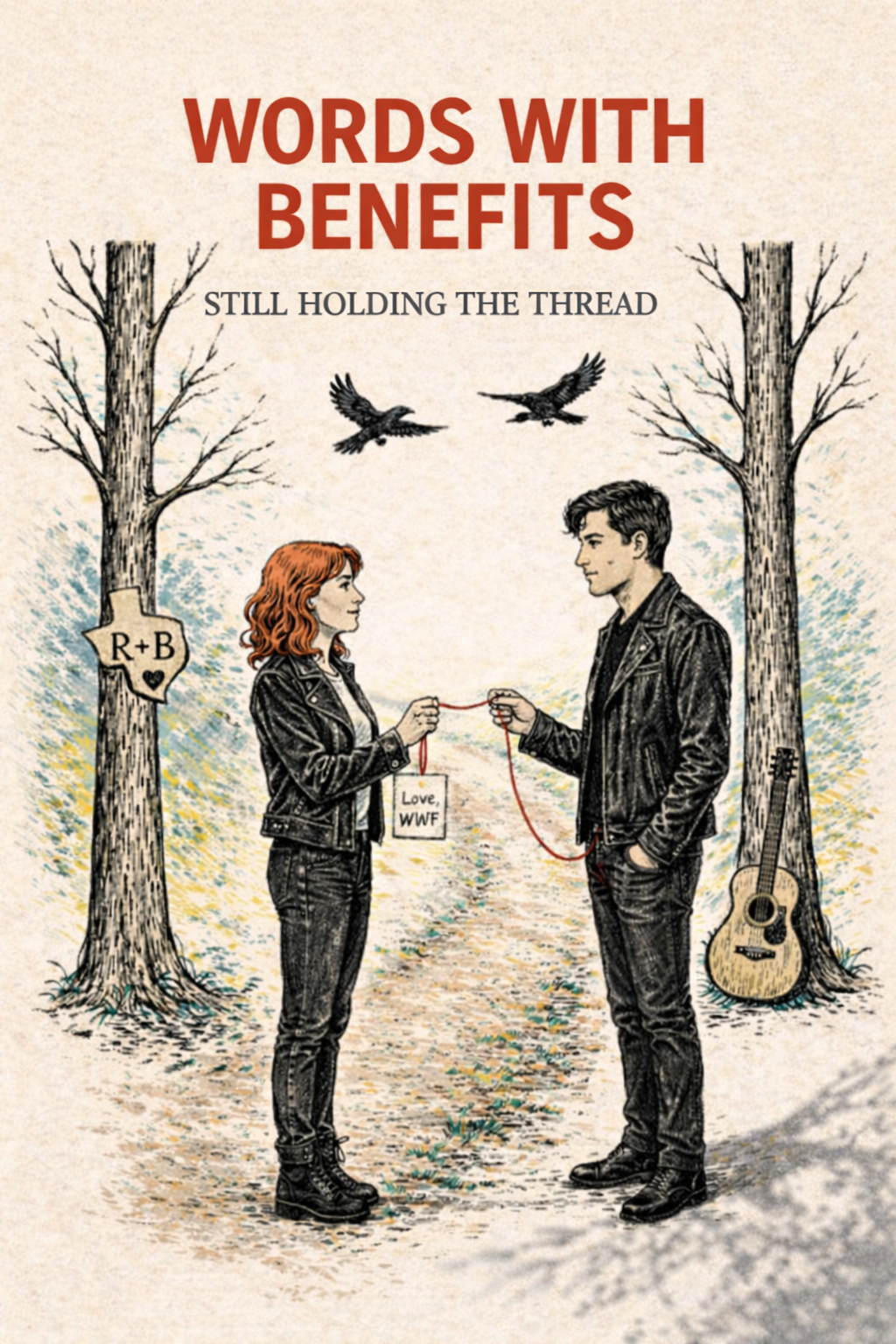 An illustration of a young man and woman standing outdoors, holding a string connected to a small sign that says "Love, WWF." They are surrounded by two leafless trees, with a guitar leaning against one of the trees. The title at the top reads "Words with Benefits" and a subtitle states "Still holding the thread." There are two birds flying above them, a heart with "R+B" written inside is on the left tree, and a sign with "Love, WWF" hangs around the woman's neck.