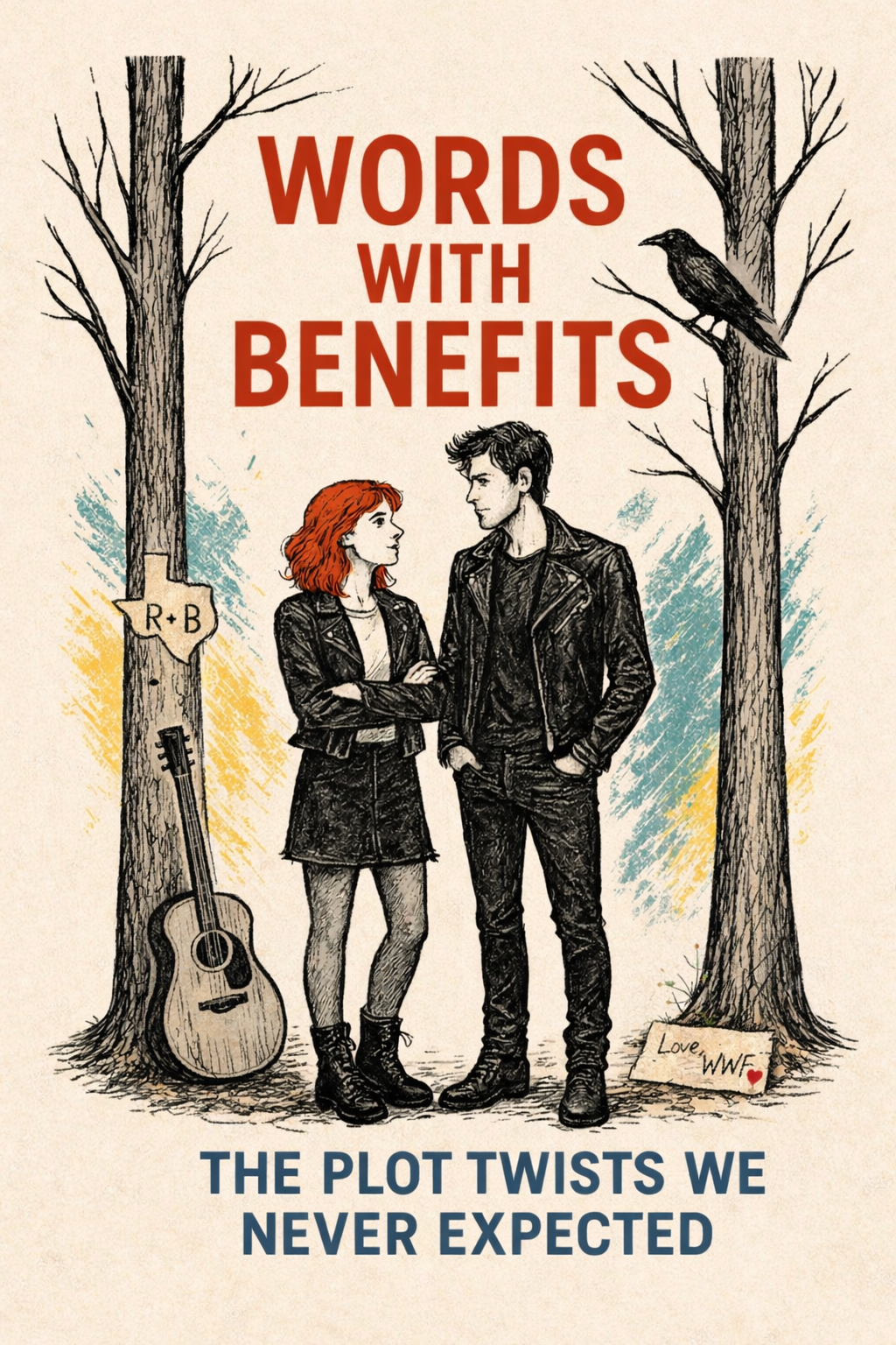 Book cover titled "Words with Benefits" with an illustration of a young woman and man standing face to face, surrounded by trees, one with a bird perched on it. The woman has red hair and is wearing a leather jacket and skirt, the man has dark hair and is dressed in black. There is a guitar leaning against one tree and a small sign with "R+B" on another. A note with "Love WNF" and a heart is on the ground."}