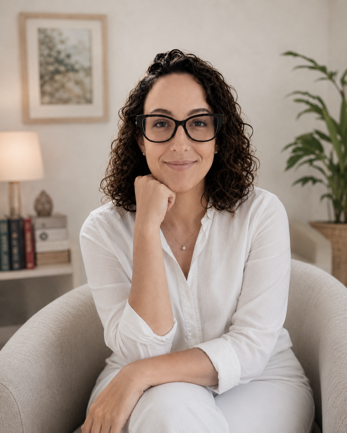 A woman with curly brown hair and glasses, wearing a white blouse, sitting on a beige armchair in a cozy living room, smiling at the camera.