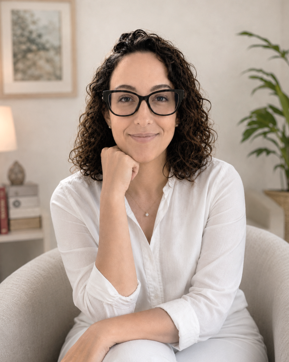 A woman with curly brown hair and black glasses sitting on a beige armchair in a cozy, well-lit living room, smiling softly at the camera.