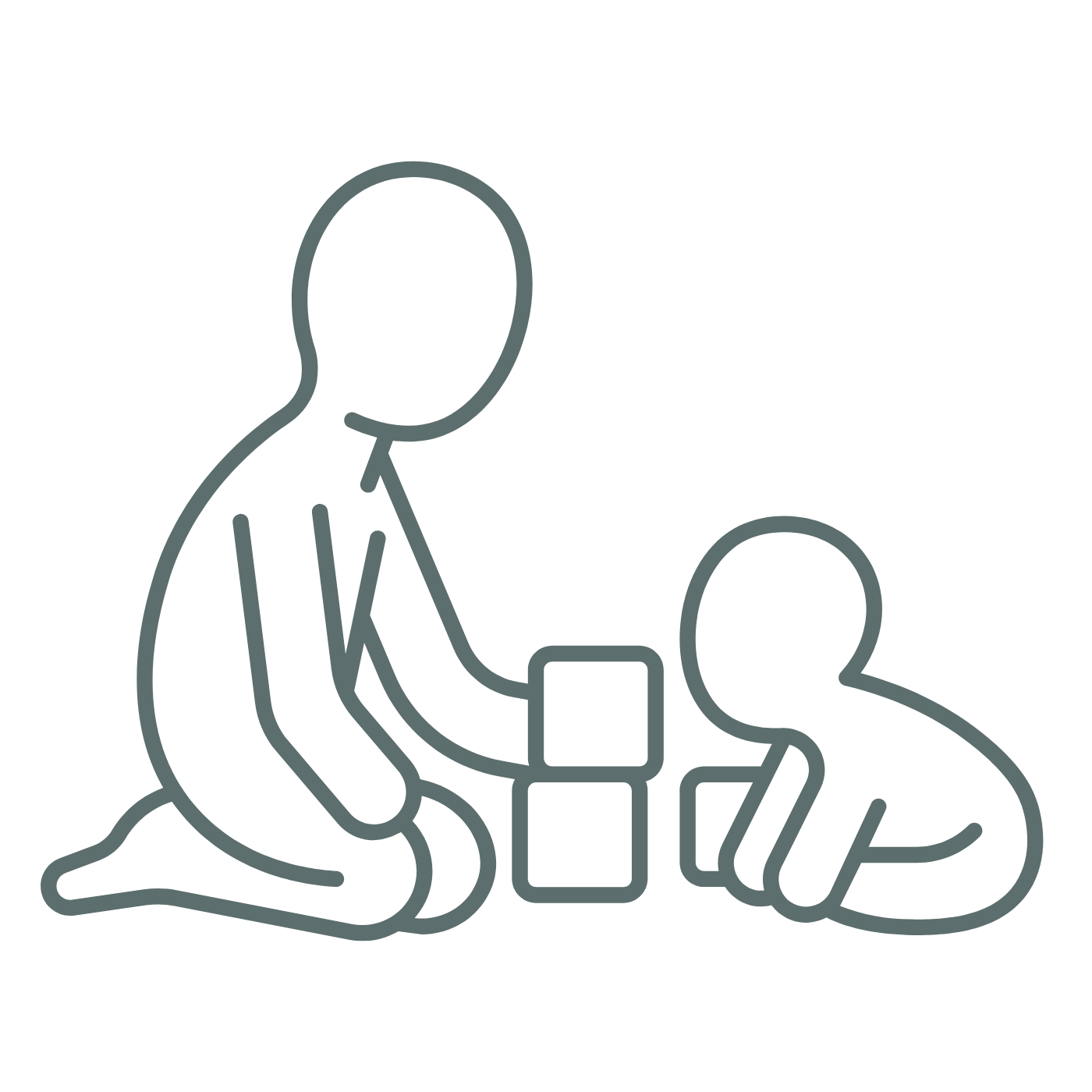 Line drawing of two people, one sitting and looking at a device, the other kneeling beside them and pointing at a tablet.