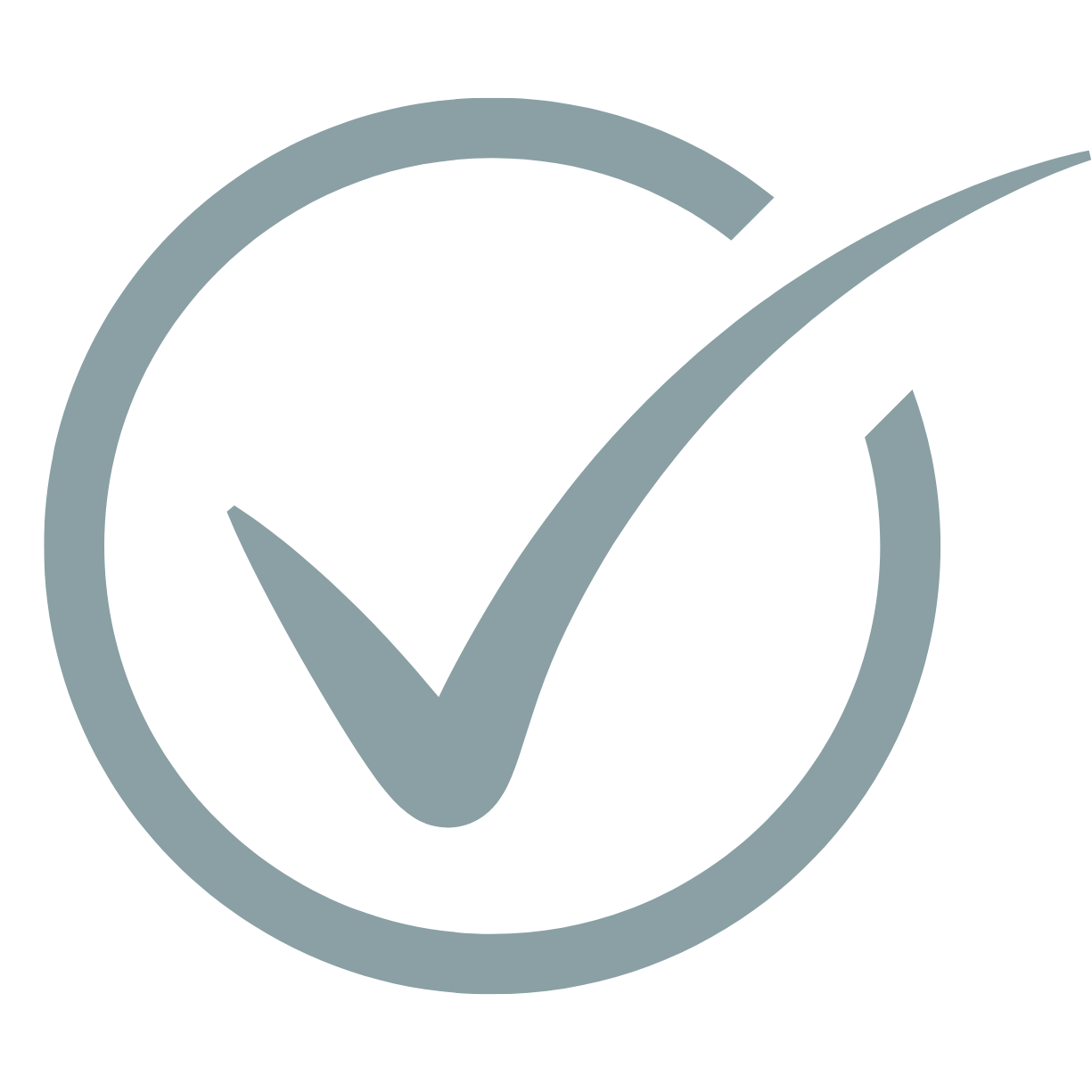 A stylized check mark inside a circle, indicating approval or completion.