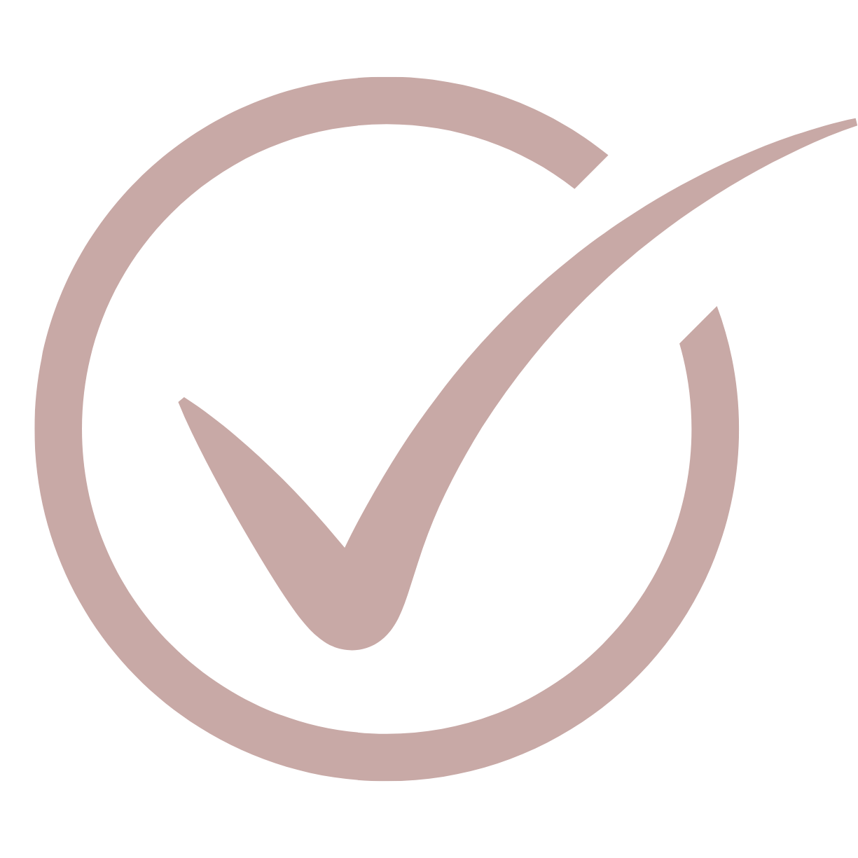 A white circle with a beige border contains a large beige check mark, indicating approval or completion.