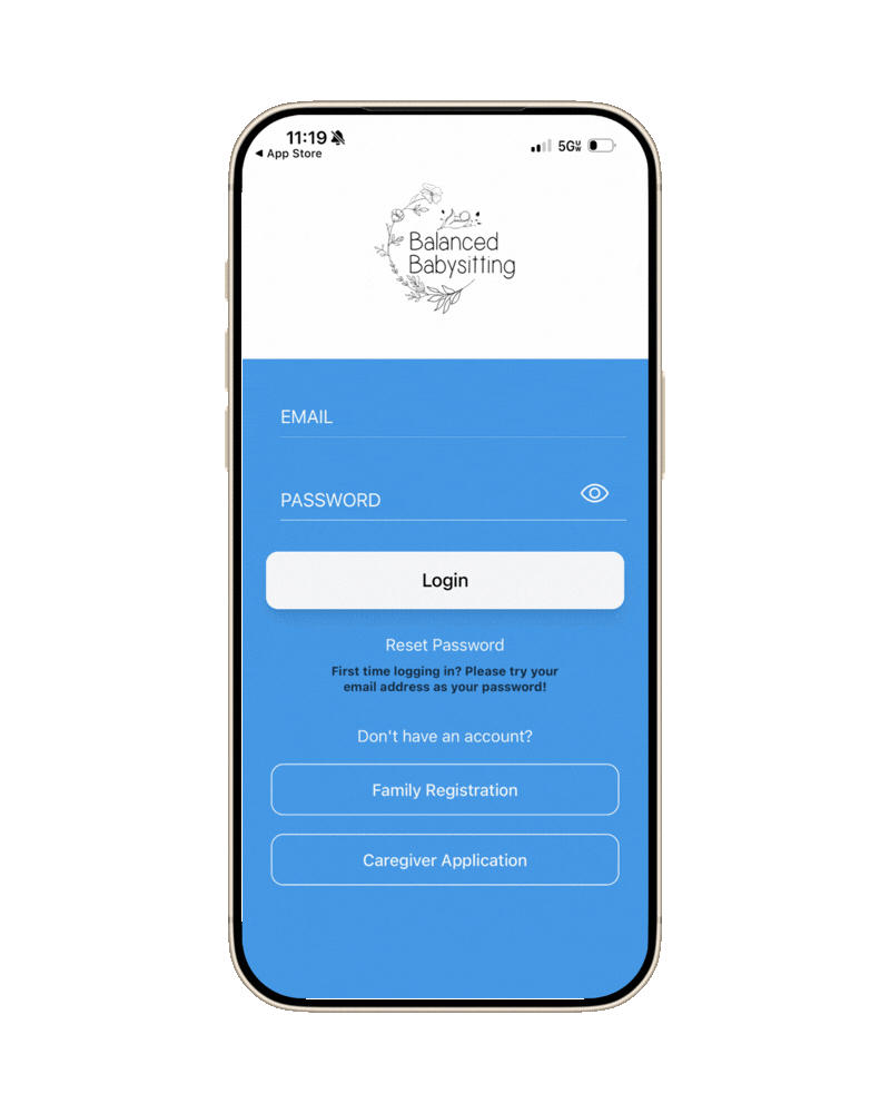Mobile phone screen displaying the login page for an app called Balanced Babysitting. The page includes fields for email and password, a login button, a reset password link, and options for family registration and caregiver application against a blue background.