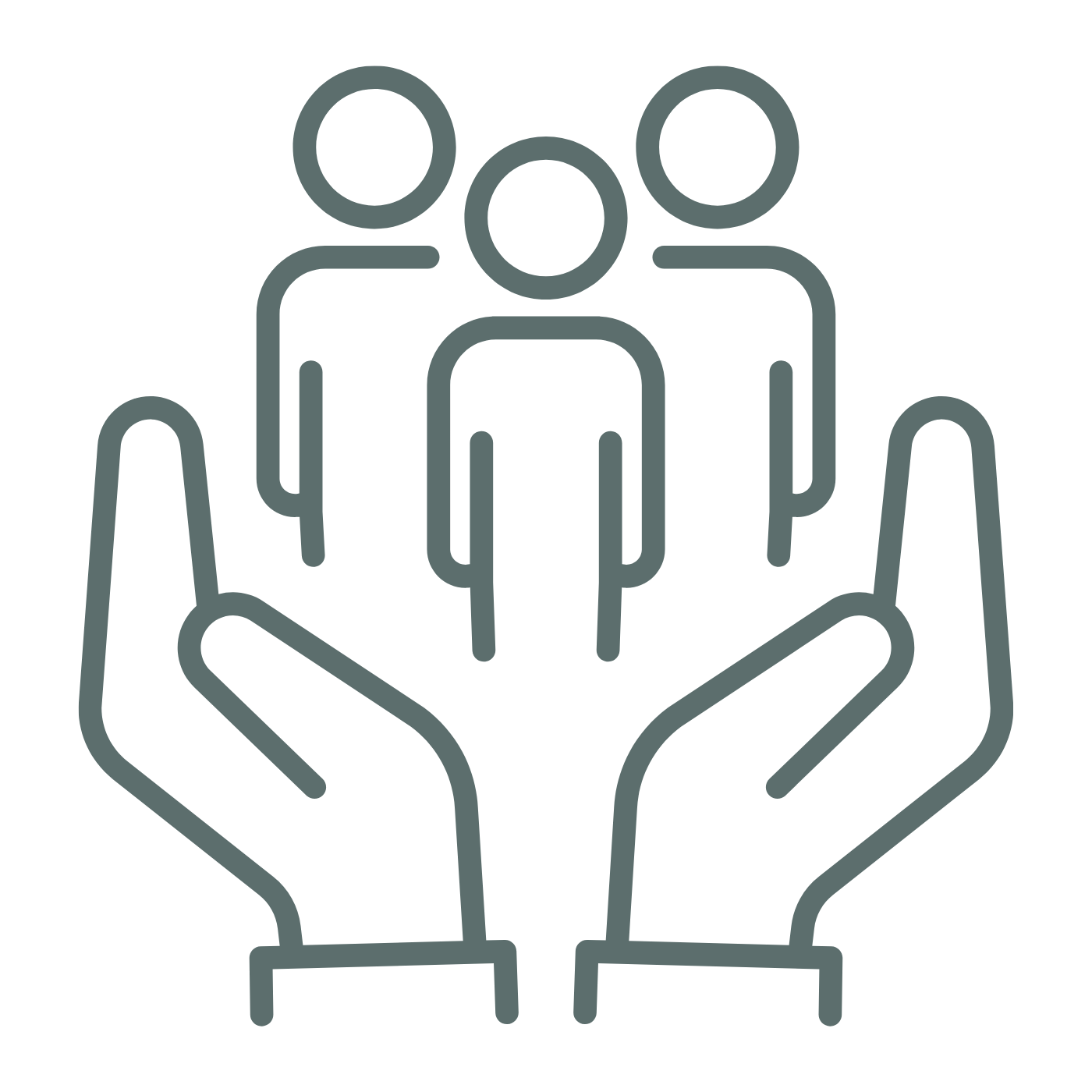 Outline of two hands holding a small group of three people.