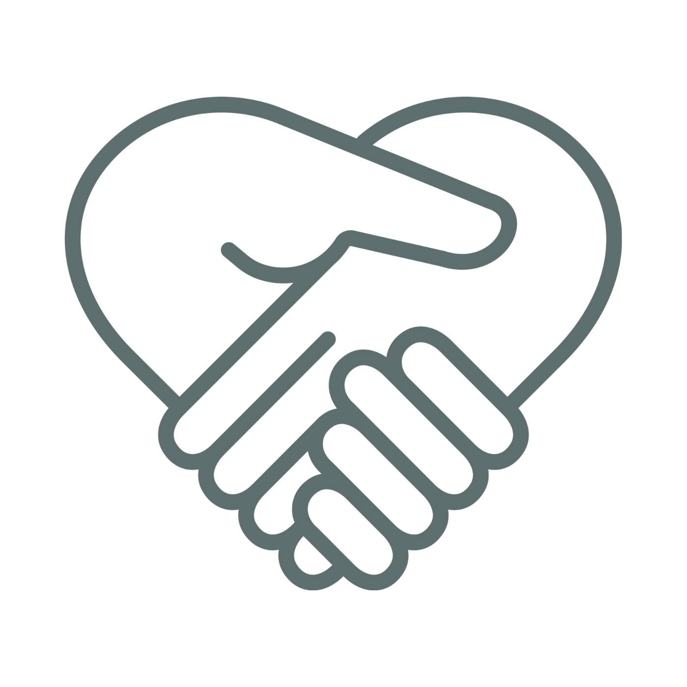 Outline of two hands shaking inside a heart shape.