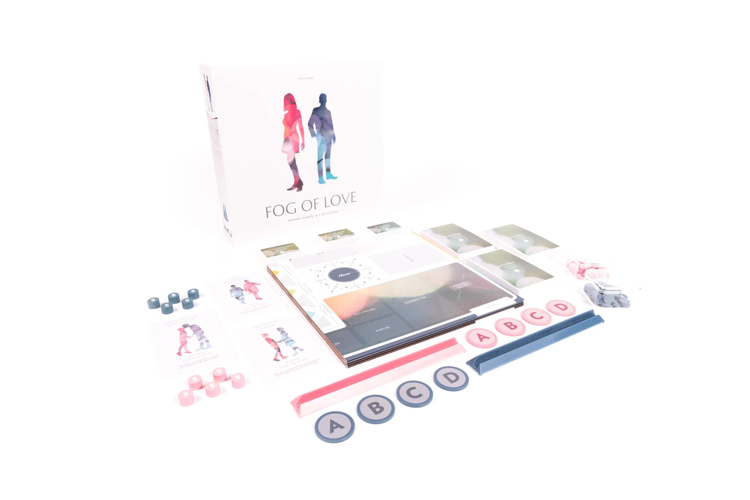 Board game components for 'Fog of Love', including game box, colorful tiles, cards, and player pieces arranged on a white background.