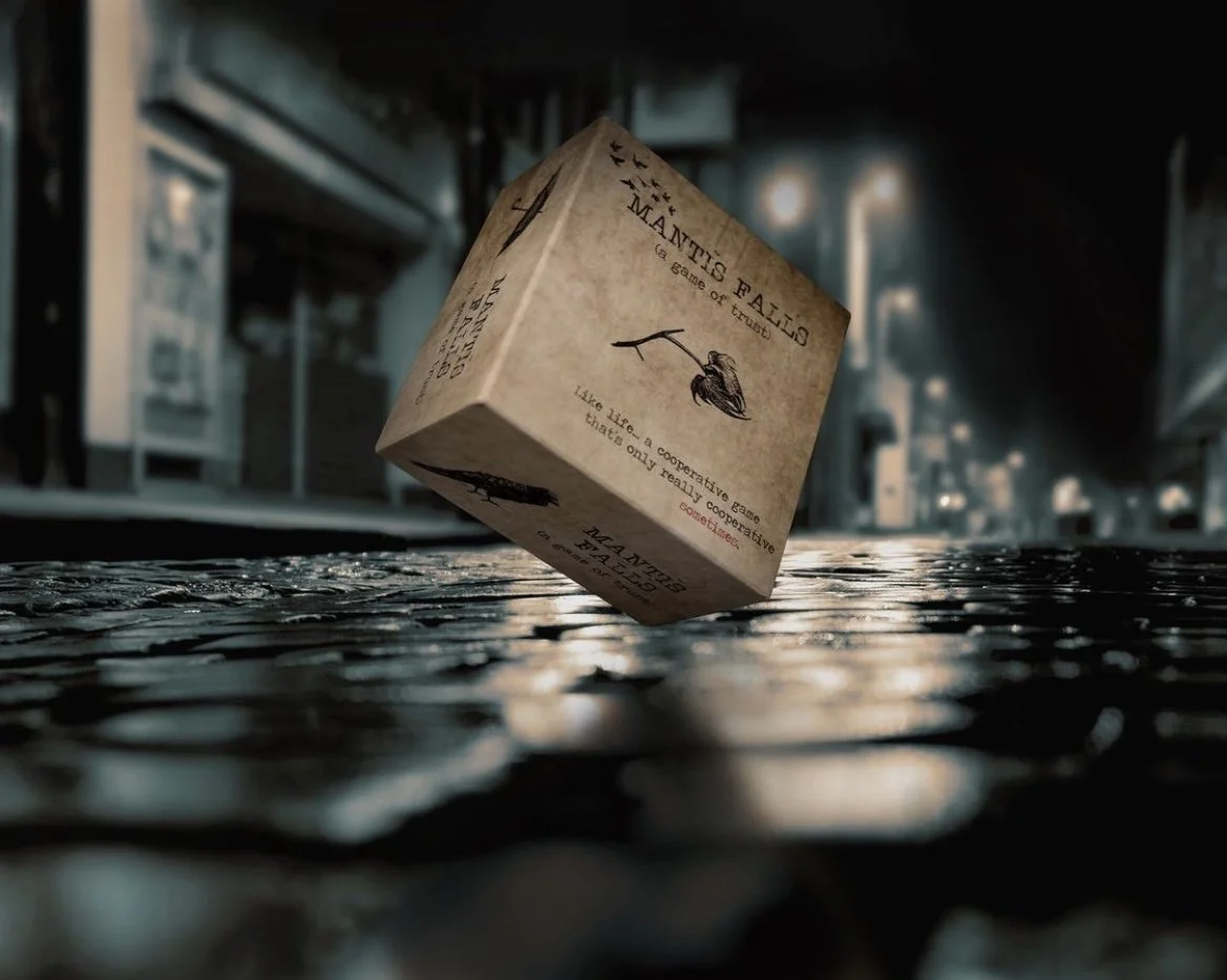A cube-shaped box of 'MANTIS & ALLS' on a wet city street at night, with buildings and streetlights in the background.