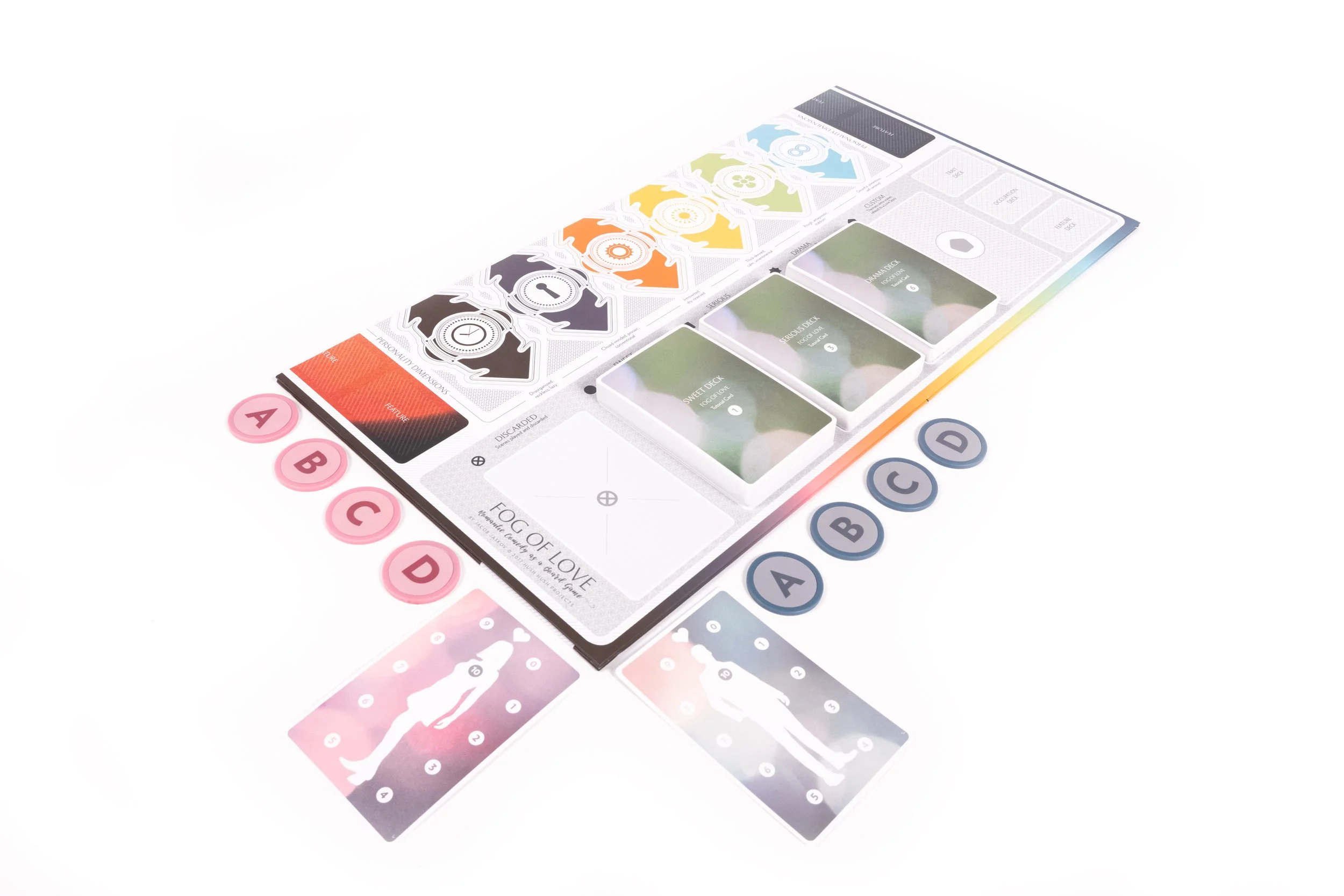 A tabletop board game with colorful cards, tokens labeled A, B, C, D, and game pieces, on a white background.