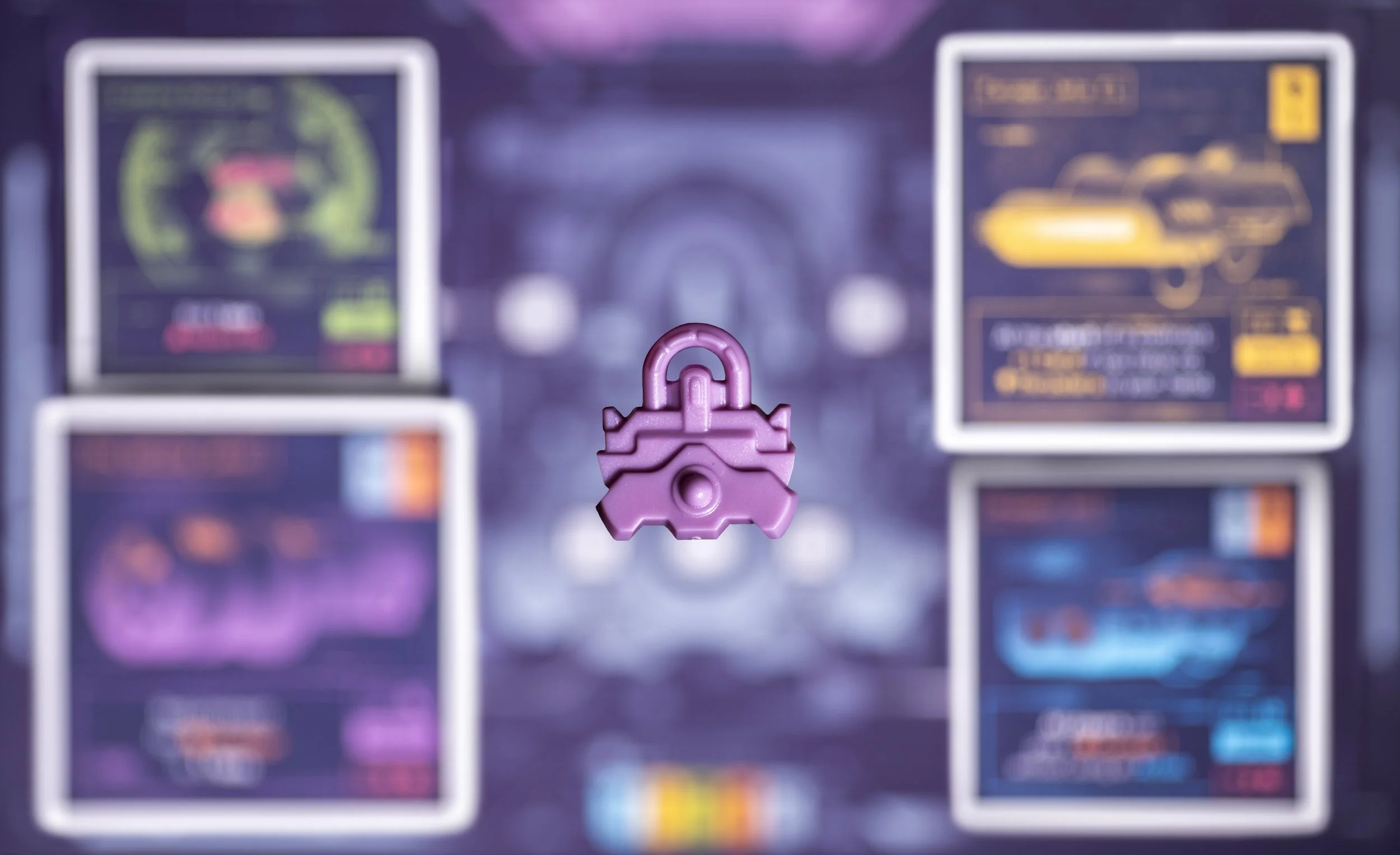 A pink toy lock in the center with blurred digital screens and diagrams in the background.