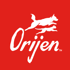 Red background with white logo of two running dogs, one larger and one smaller, and the word 'Orijen' below.