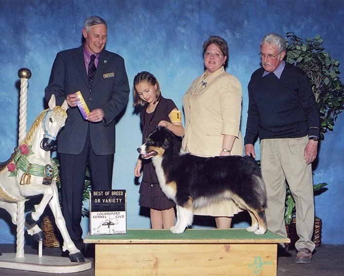 A young girl and a black and white dog at a dog show, with three adults standing behind them. The girl is holding the dog, which is standing on a raised platform. There is a sign in front of the dog that says 'Best of Breed or Variety' and includes the logo of the Loganport Kennel Club. A decorative carousel horse statue is to the left, and a potted plant is to the right.