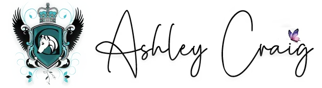 A decorative crest with a white horse head, black wings, and a blue shield, next to the handwritten signature 'Ashley Craig' with a butterfly at the end.