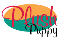 Stylized logo with the words "Plush Puppy" in pink, peach, teal, and black, with a playful font and background shapes.
