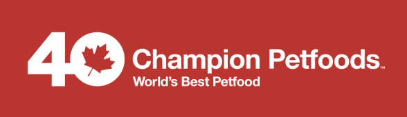 Champion Petfoods 40th anniversary logo with a red background and a white maple leaf inside the number 0.