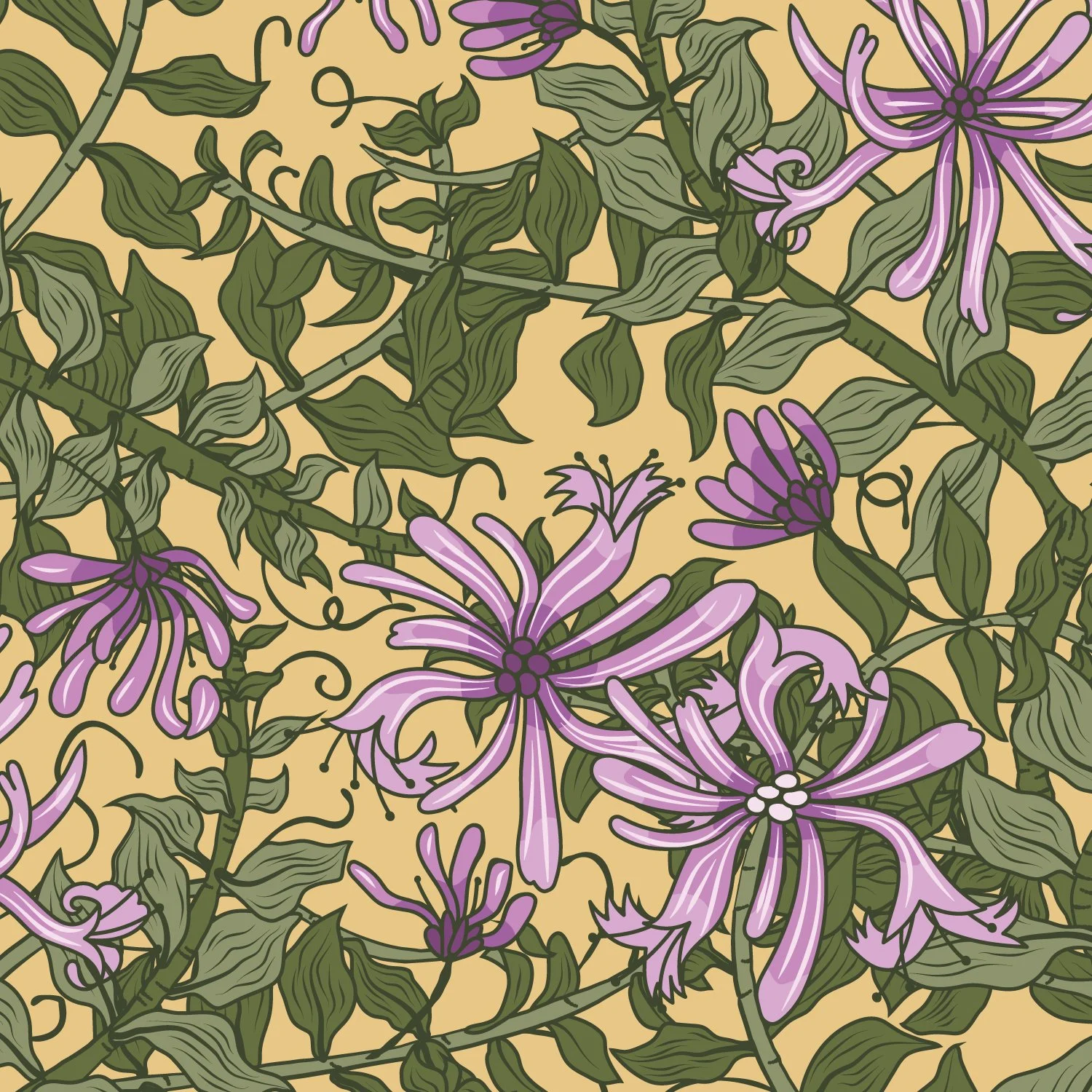 Hand-drawn honeysuckle design, inspired by summer landscapes, with flowing vines and delicate purple blooms arranged in a refined botanical textile pattern.