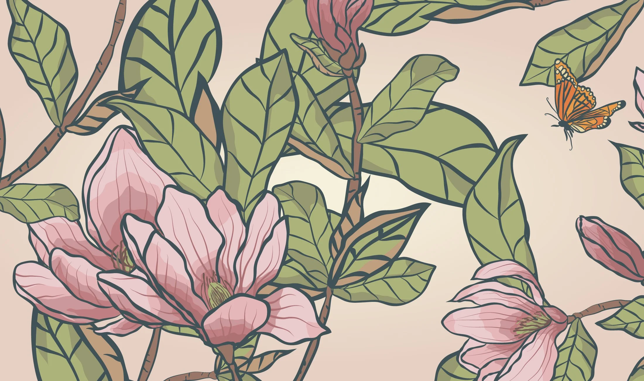 Hand-drawn magnolia botanical textile pattern detail, Southern Botanicals by SeaClaire Design