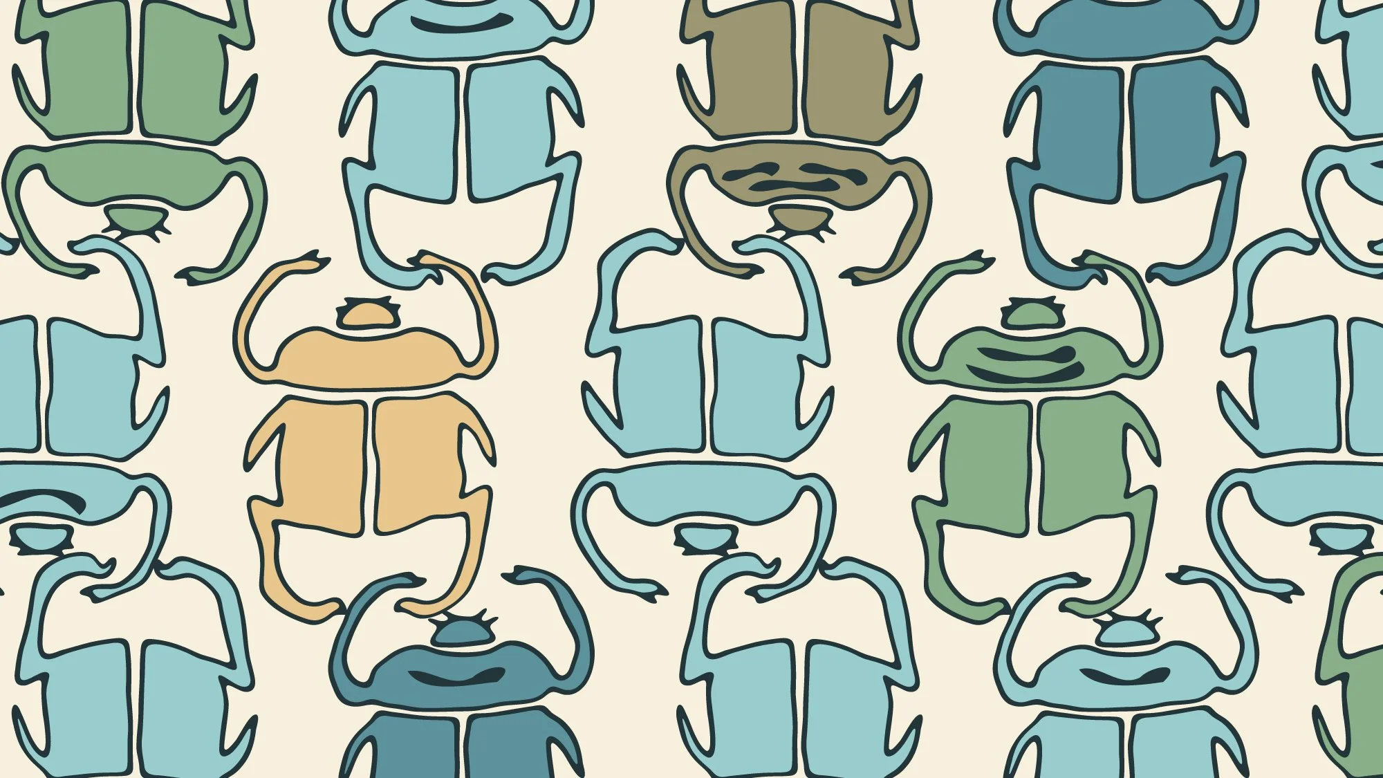 Hand drawn scarab beetles in aqua, green, and gold on a cream ground. Cultural & Symbolic textile pattern by SeaClaire Design