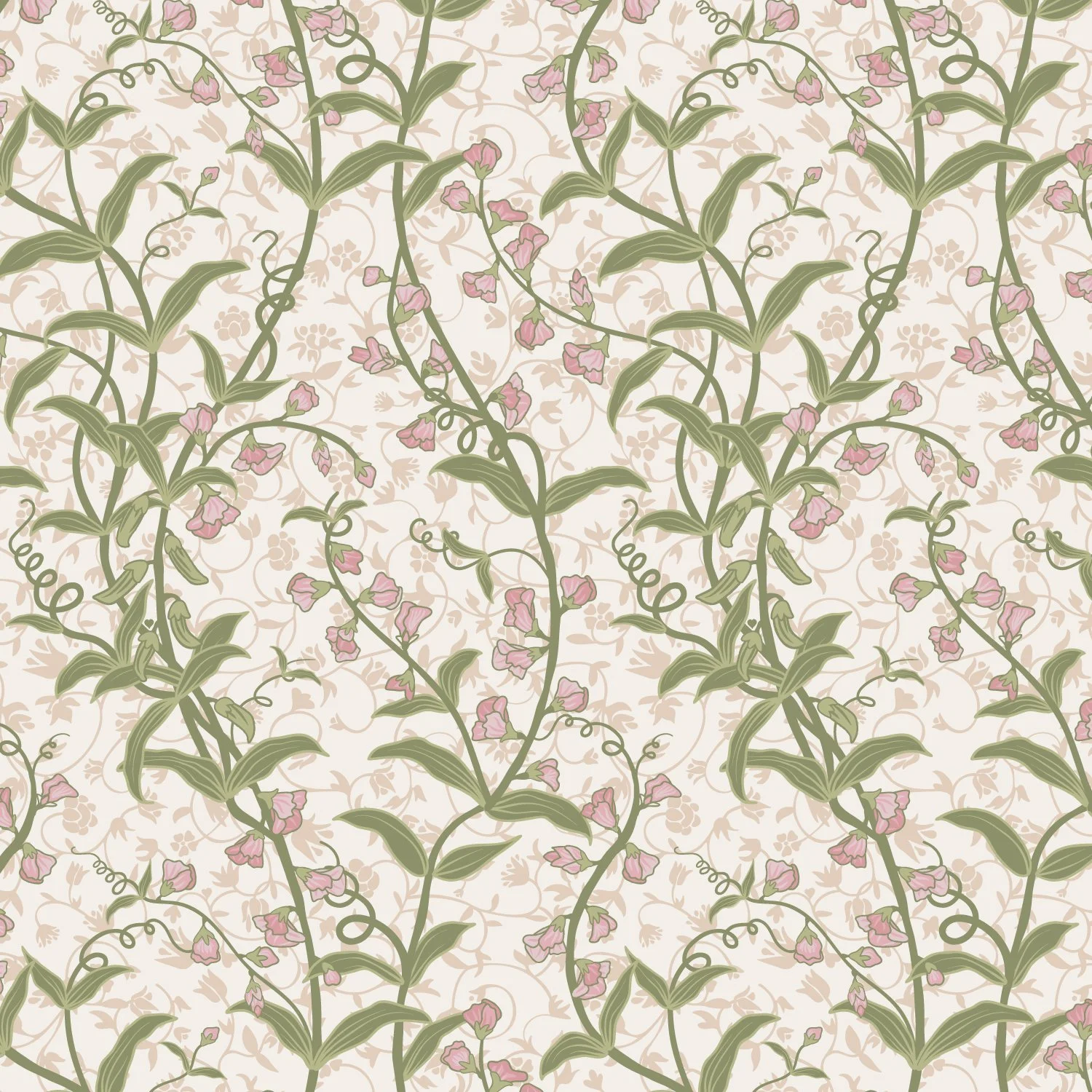 Hand-drawn sweet pea floral textile pattern with soft botanical detail, European Heritage by SeaClaire Design