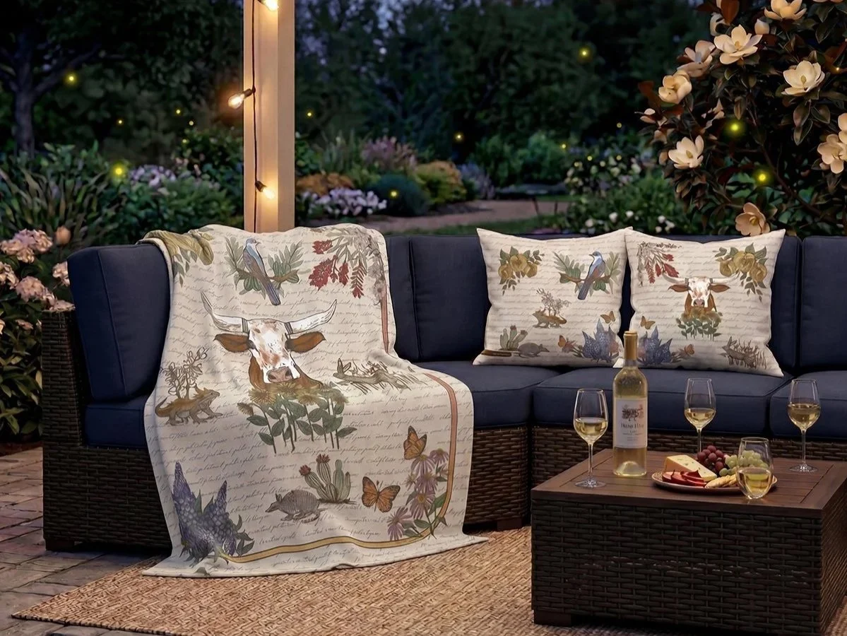 Texas Lone Star Wilds sherpa blanket and decorative pillows create a cozy outdoor seating area for relaxing evenings.