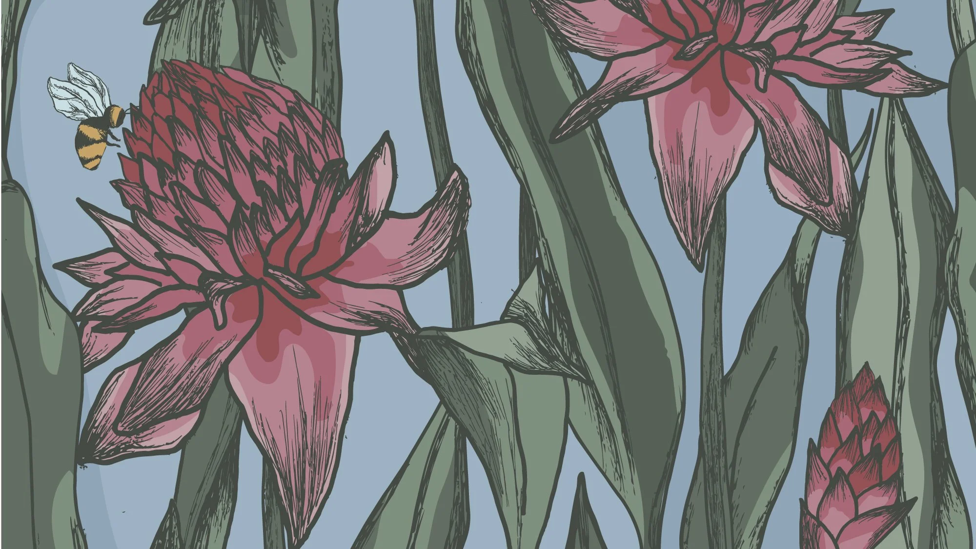 Hand drawn pink ginger  flowers and a small bee on a light blue ground. Tropical & Ornamental floral textile pattern by SeaClaire Design