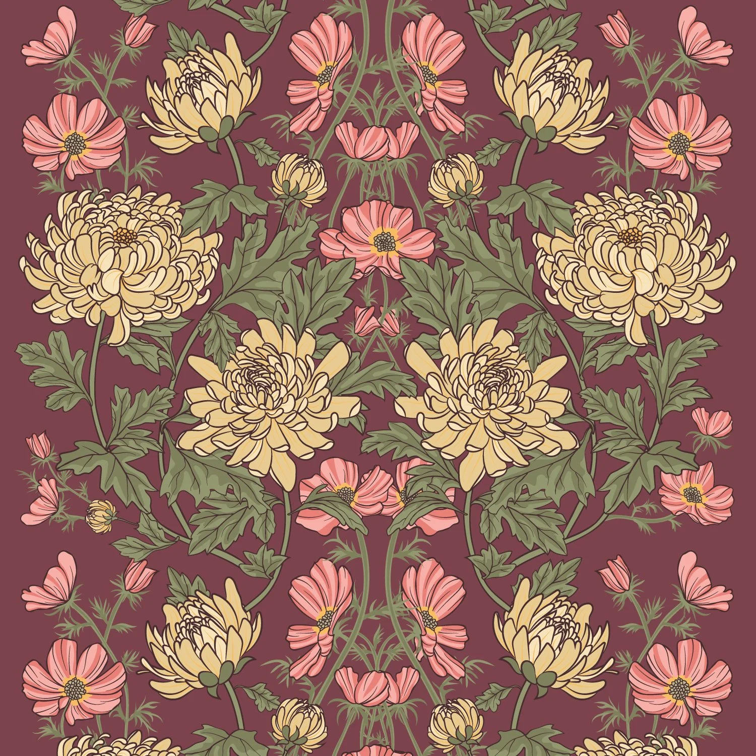 Hand-drawn chrysanthemum floral textile pattern with ornamental composition, European Heritage by SeaClaire Design