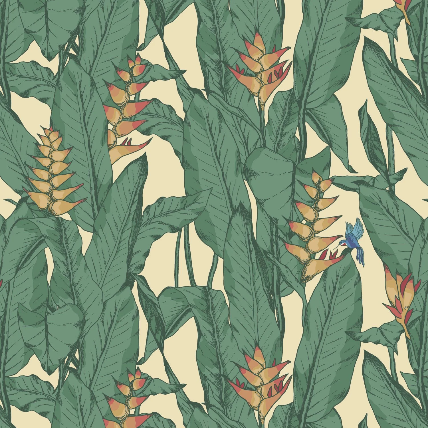 Hand-drawn tropical pattern with heliconia flowers and hummingbird, arranged in a flowing ornamental textile design.