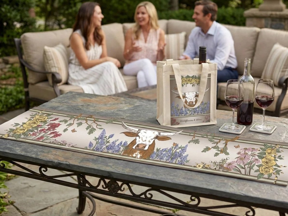 Texas Lone Star Wilds table runner, wine tote, and cork-backed coasters styled for outdoor entertaining with friends.