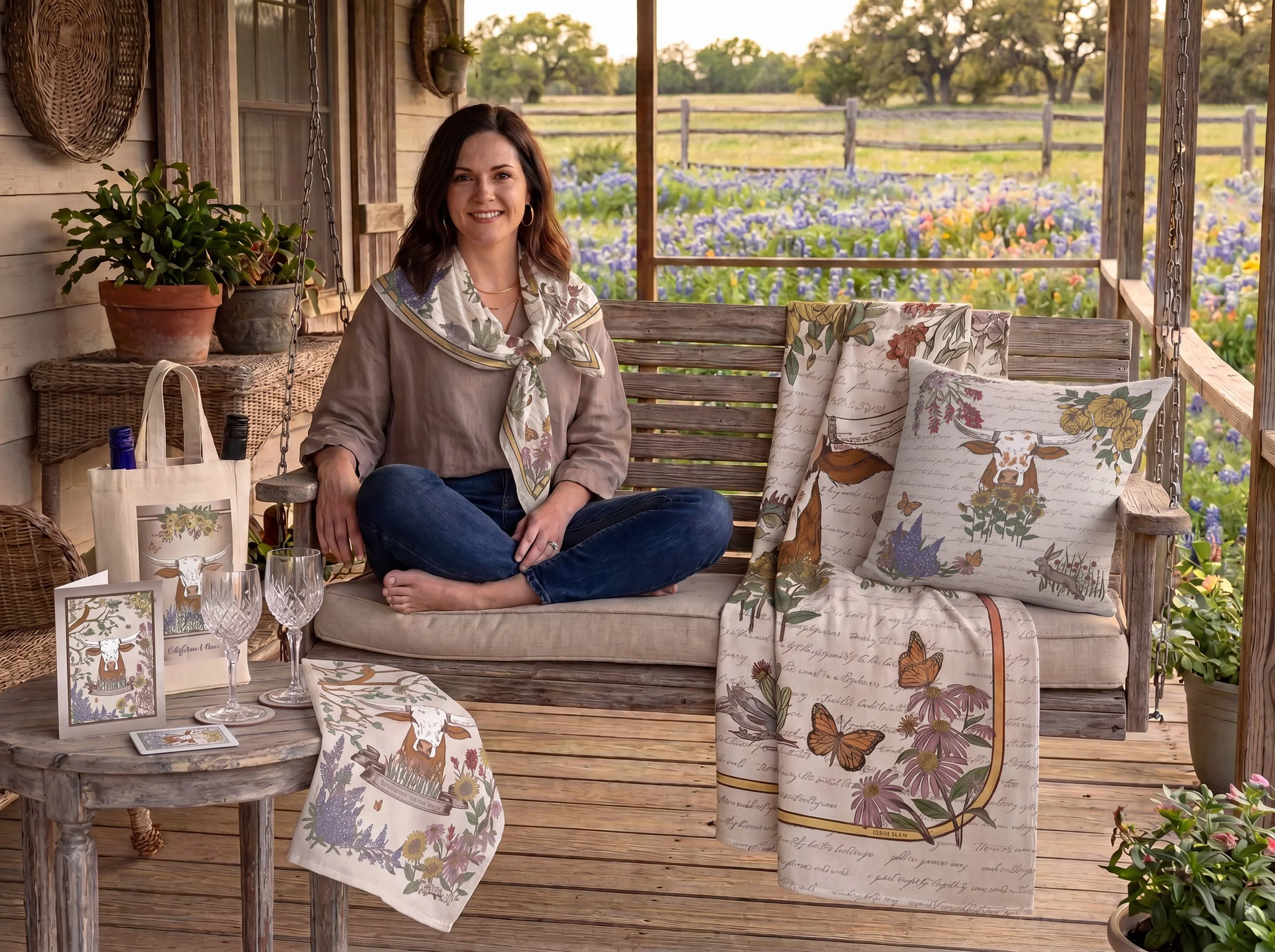 Woman wearing a Texas Lone Star Wilds silk scarf surrounded by coordinating blanket, pillow, tea towel, wine tote, art card, and coasters on a Texas porch.