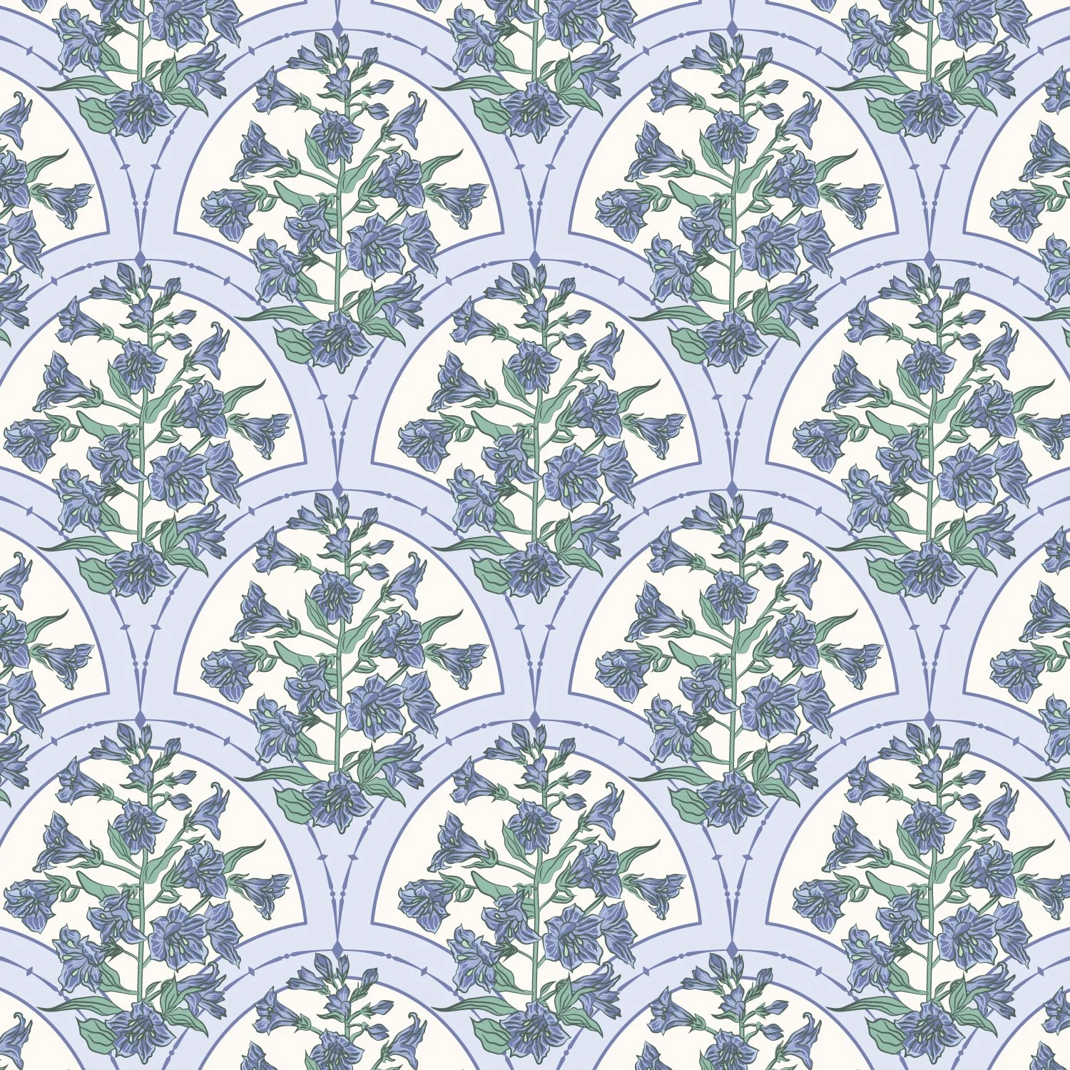 Hand-drawn larkspur floral textile pattern with structured trellis design, European Heritage by SeaClaire Design