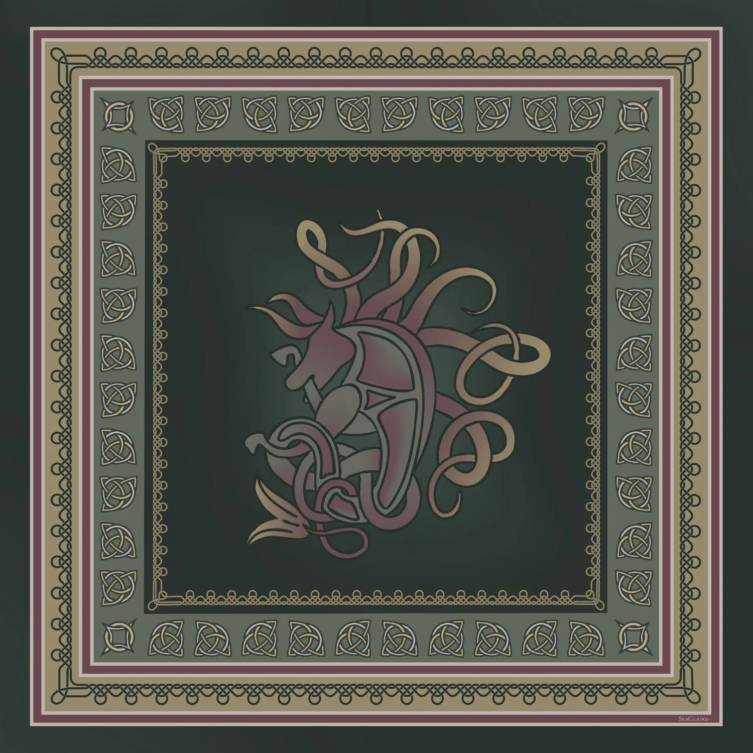 Hand-drawn symbolic textile pattern with Kelpie and ornamental Celtic forms and flowing composition, Cultural & Symbolic by SeaClaire Design