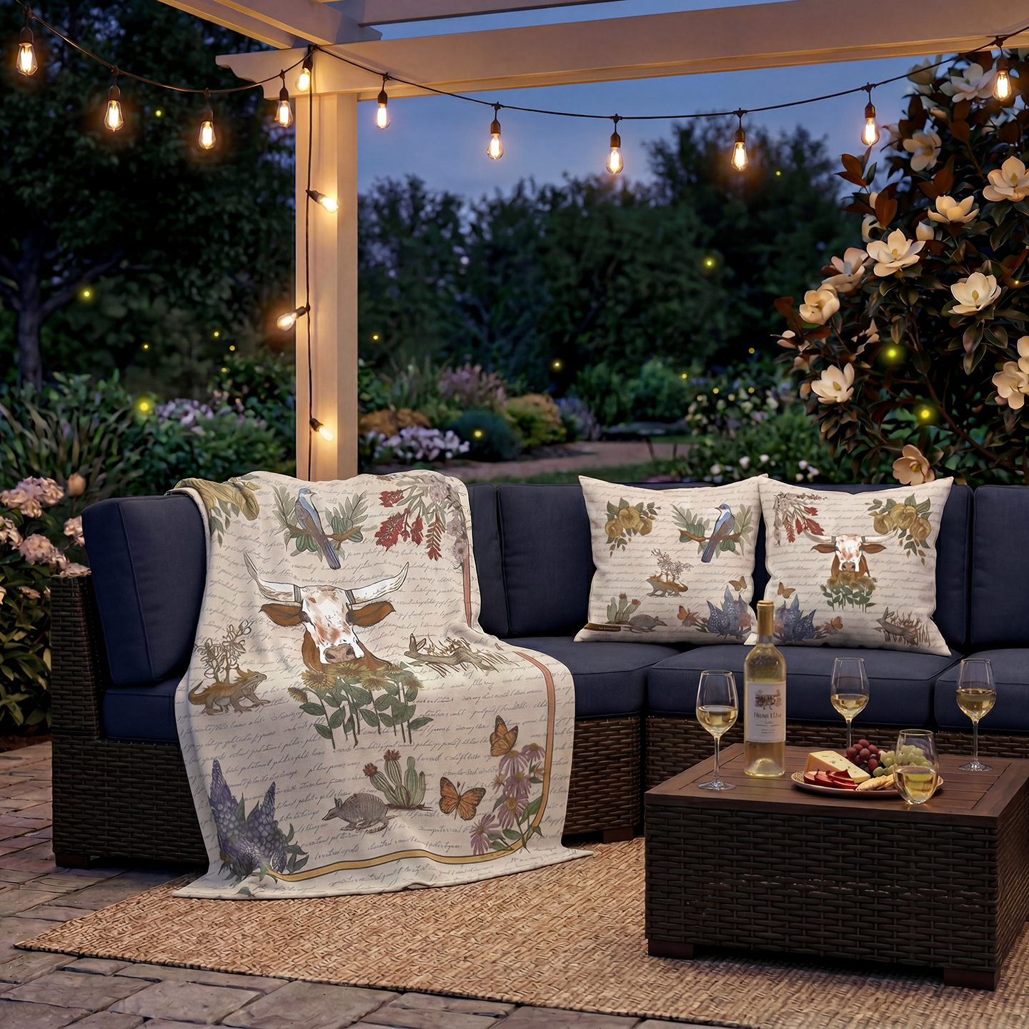 Hand-drawn Texas Lone Star Wilds blanket and outdoor pillows displayed on patio seating at dusk