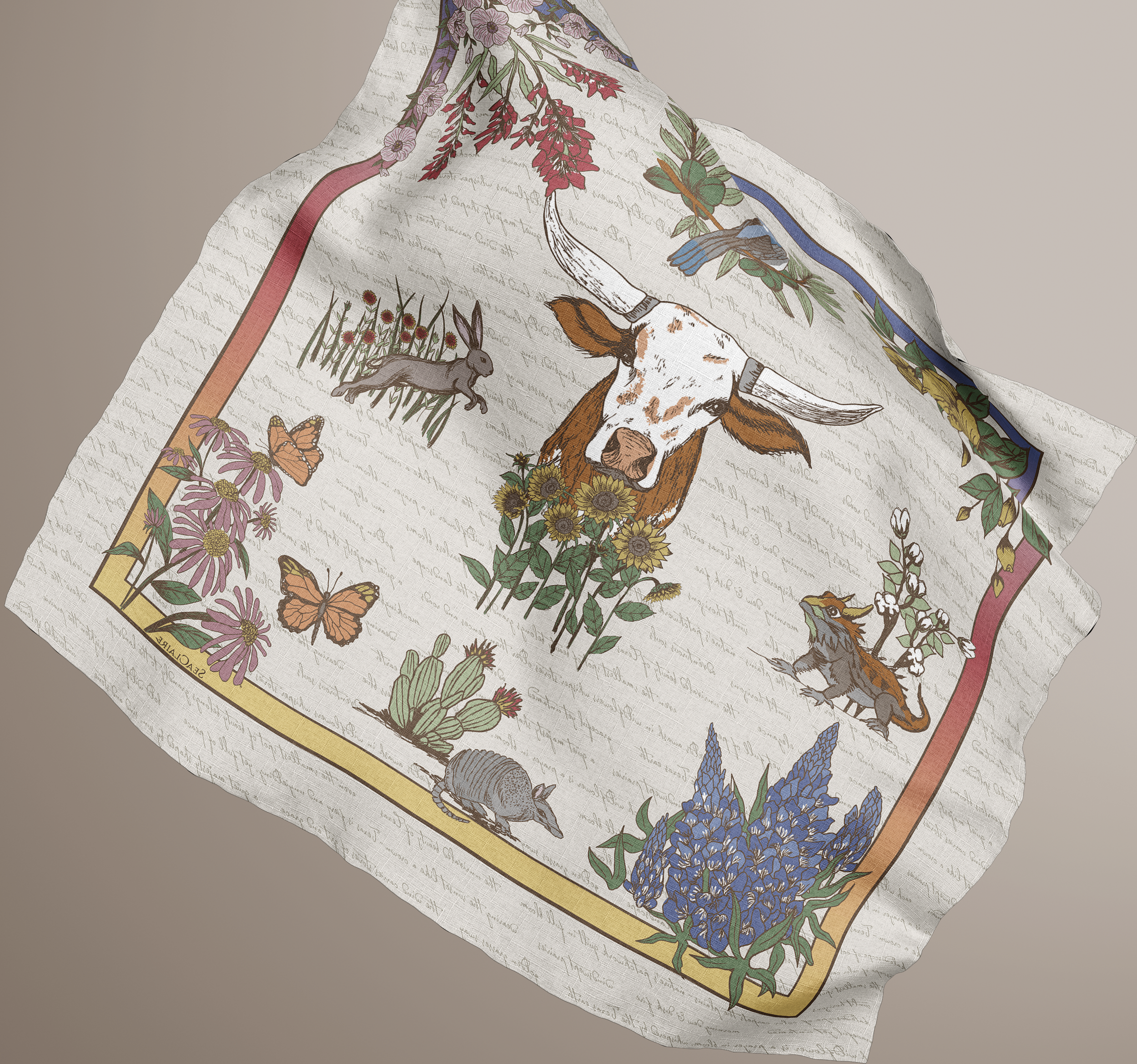 Texas Lone Star Wilds silk western scarf featuring longhorn, native wildflowers, birds, and Texas wildlife motifs
