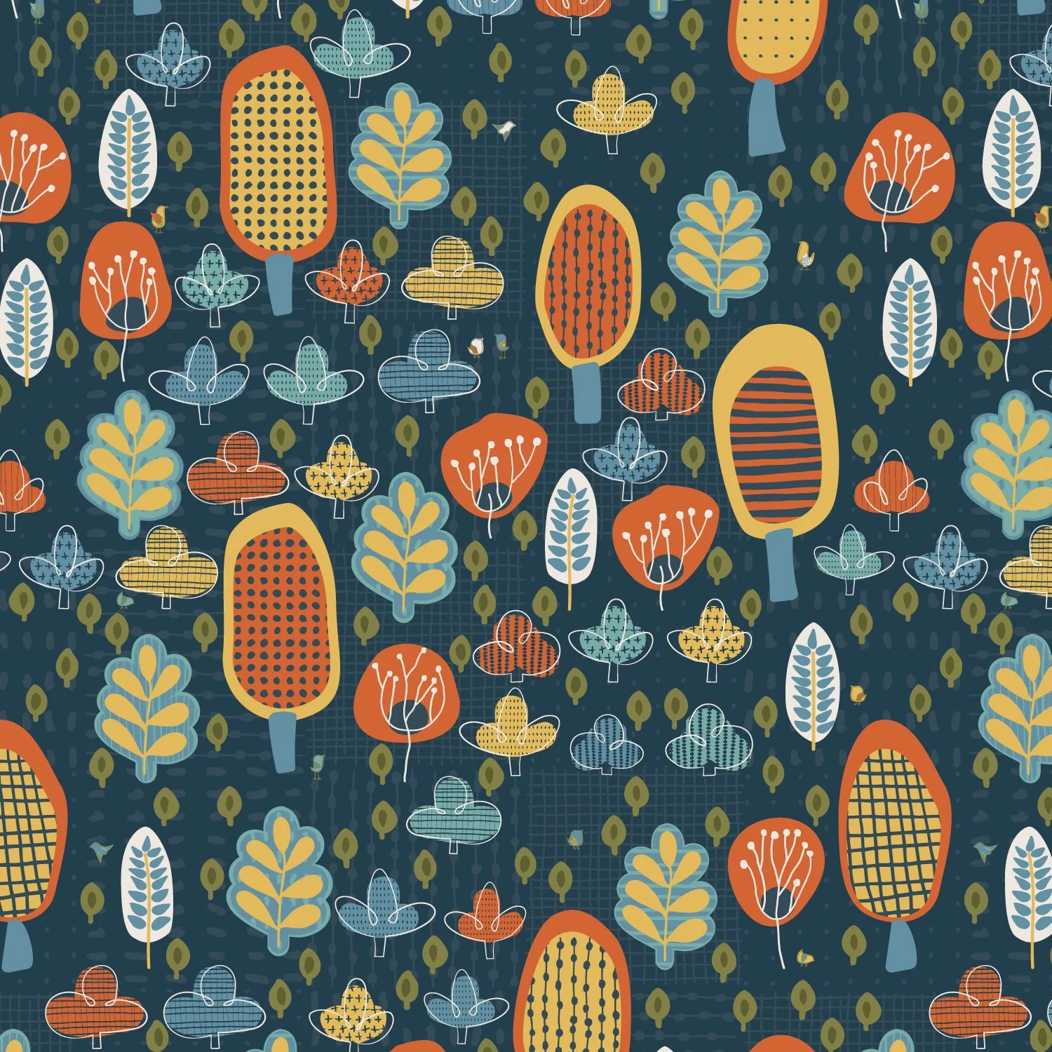 Hand-drawn midcentury-inspired textile pattern with stylized trees and playful forms, Midcentury Whimsy by SeaClaire Design
