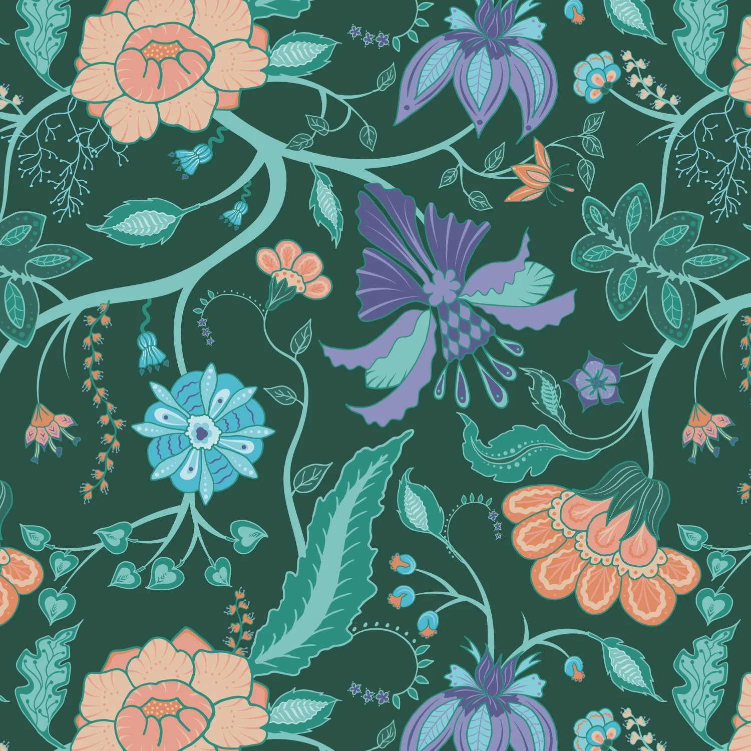 Hand-drawn ornamental textile design inspired by Mughal motifs, with structured florals and decorative symmetry.