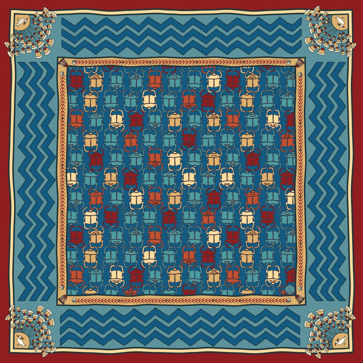 Hand-drawn symbolic textile pattern with scarab motif and structured composition, Cultural & Symbolic by SeaClaire Design