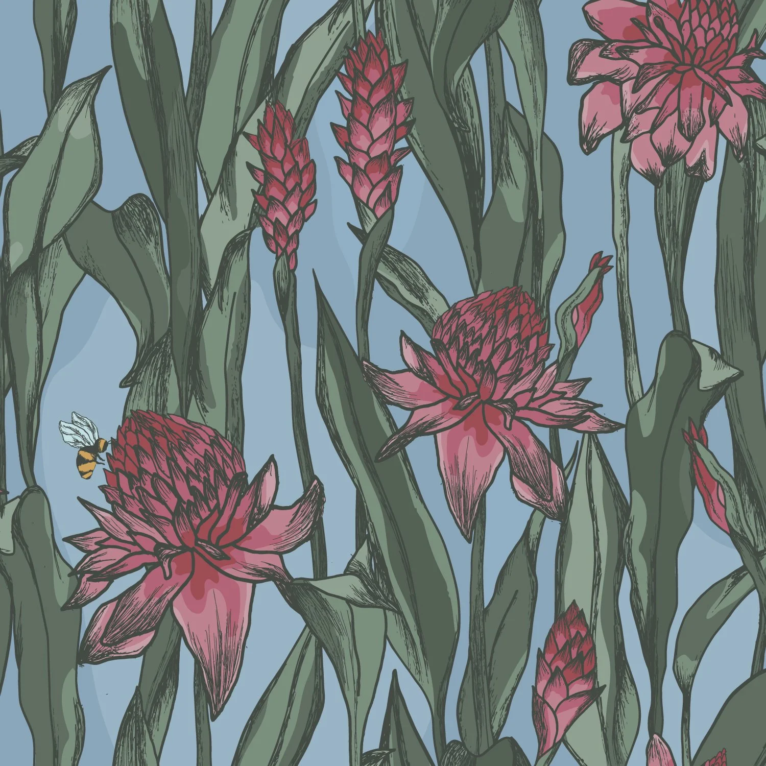 Hand-drawn botanical pattern featuring ginger flowers and bees, arranged in a naturalistic tropical textile composition.