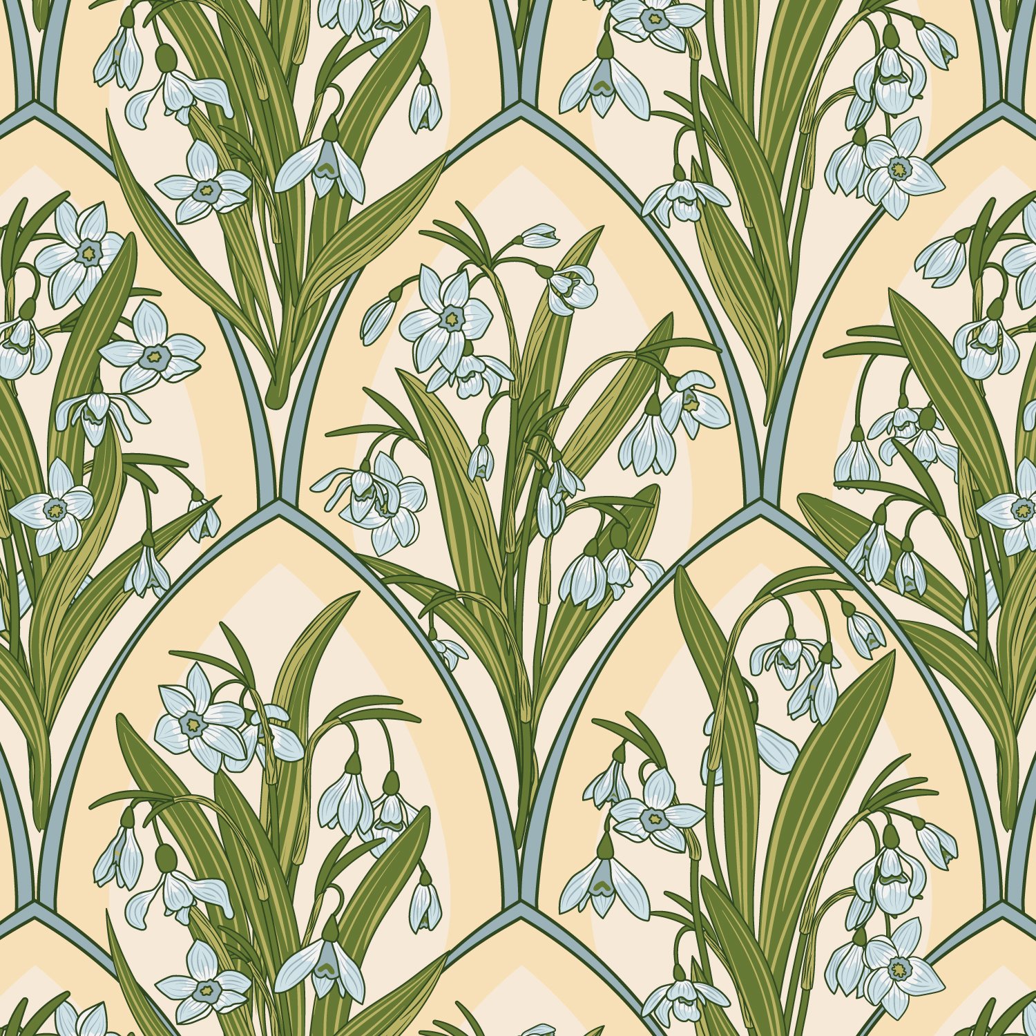 Hand-drawn snowdrop floral textile pattern with delicate vertical stems, European Heritage by SeaClaire Design