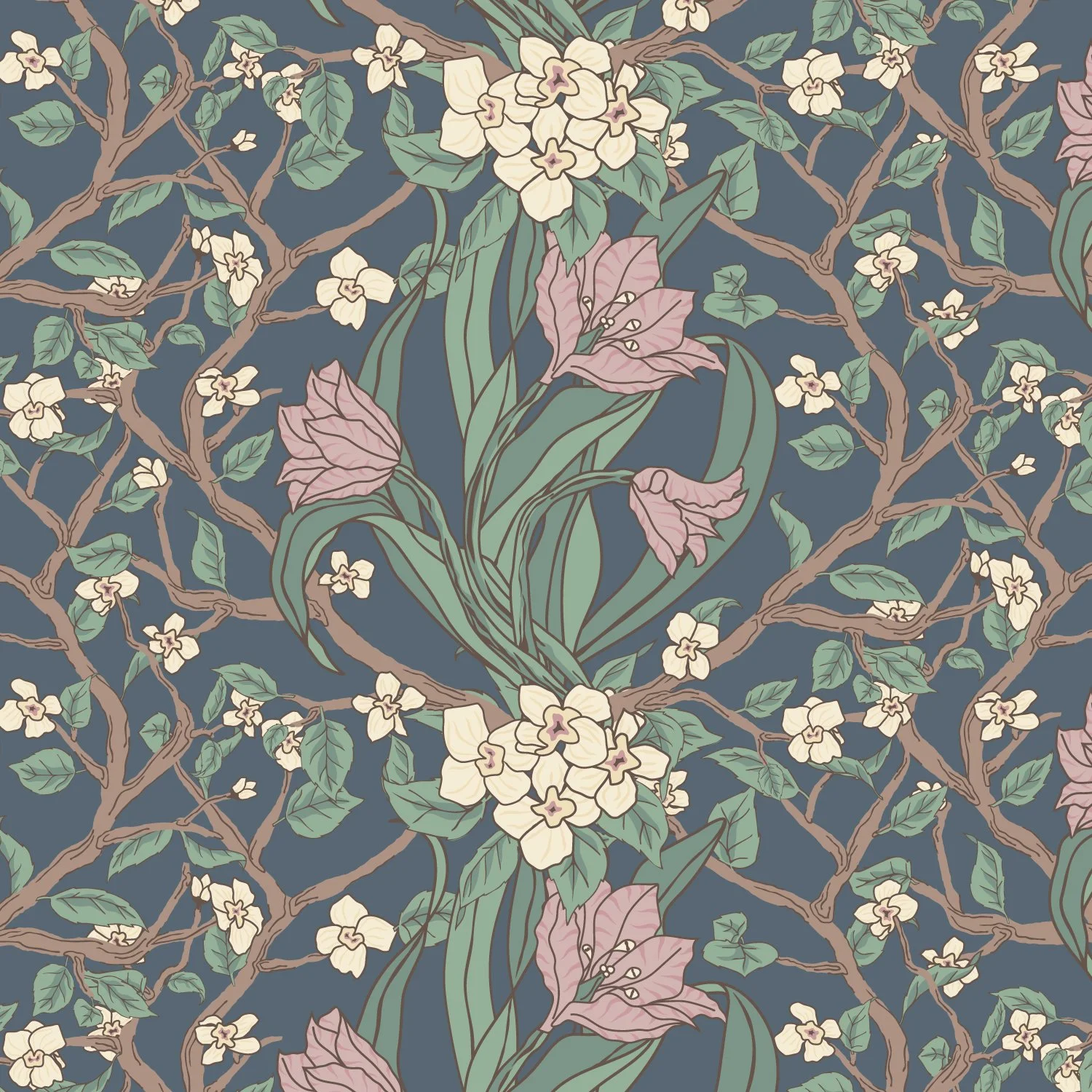 Hand-drawn lily and hawthorne floral textile pattern with layered botanical detail, European Heritage by SeaClaire Design