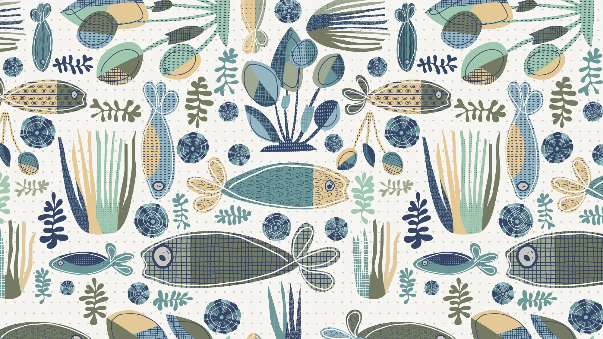 Hand-drawn midcentury-inspired ocean reef and fish textile pattern with blue and yellow graphic forms on a off white ground, Midcentury Whimsy by SeaClaire Design
