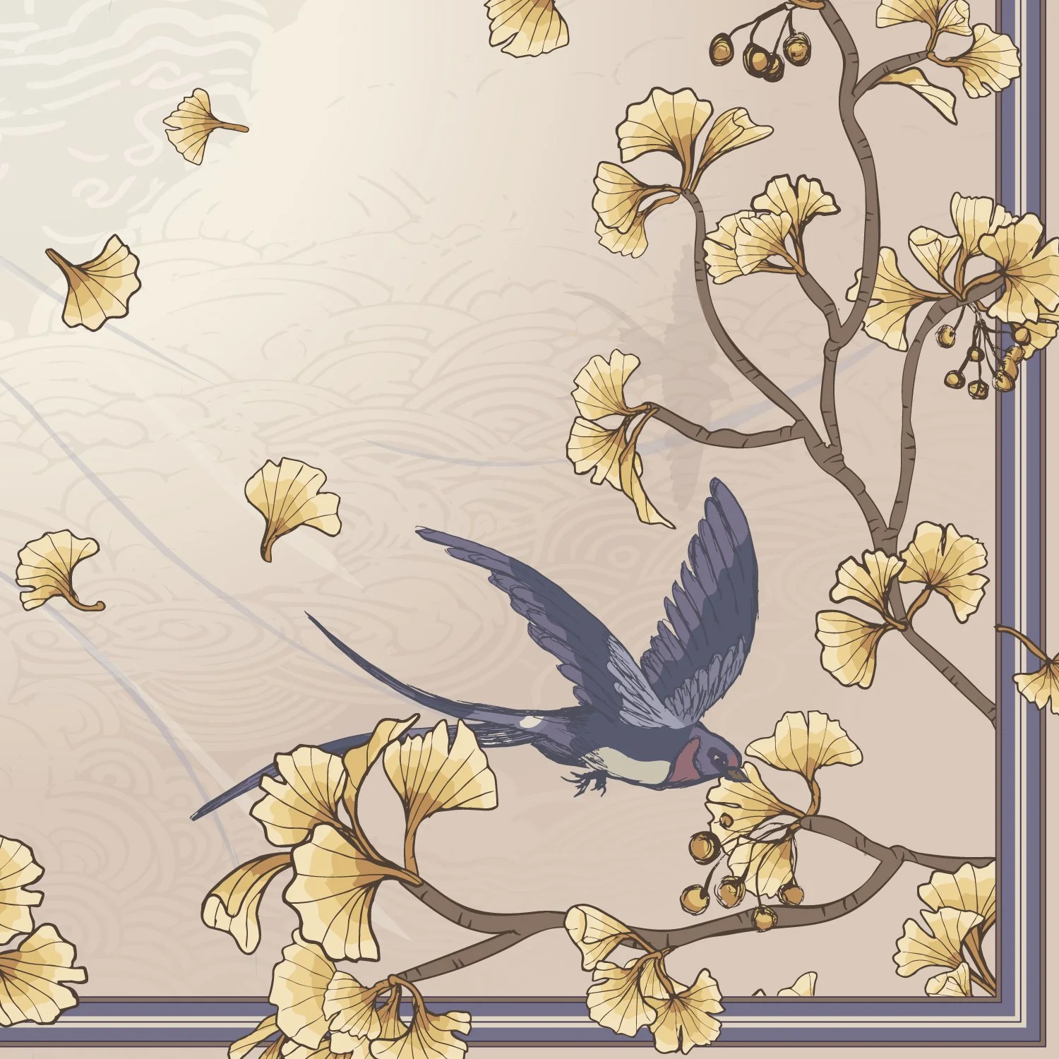 Quiet Return silk scarf featuring swallows and ginkgo leaves in a softly balanced, atmospheric composition