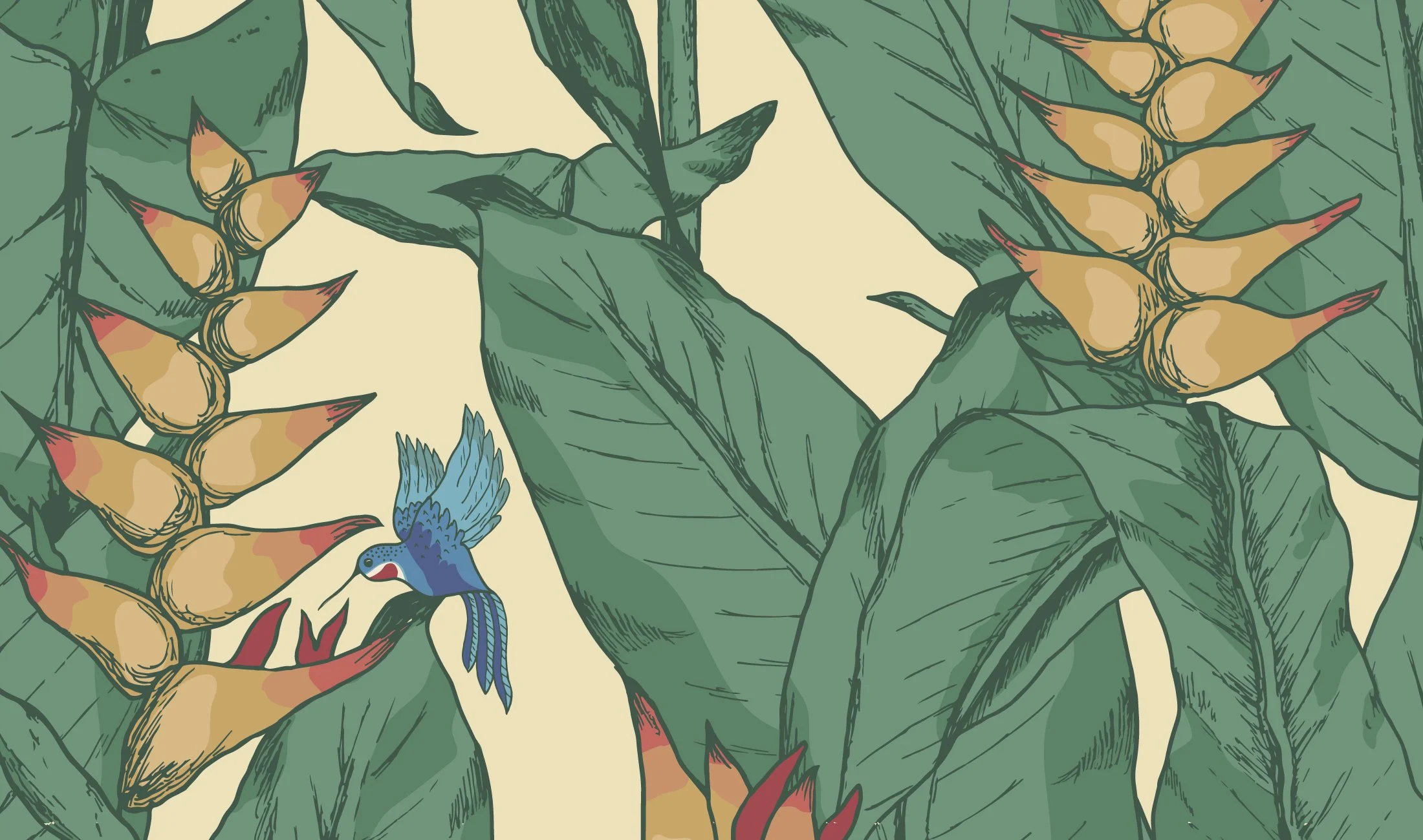 Hand-drawn tropical textile pattern featuring lush foliage, ornamental florals, and layered botanical motifs in a decorative composition.