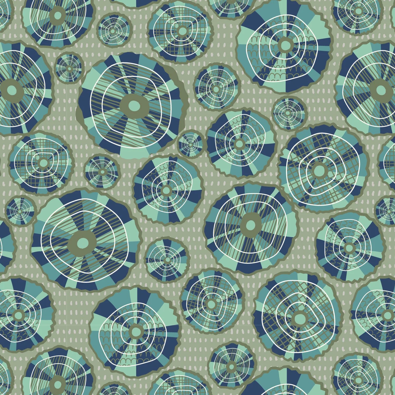 Hand-drawn midcentury-inspired textile pattern with repeating circular forms, Midcentury Whimsy by SeaClaire Design